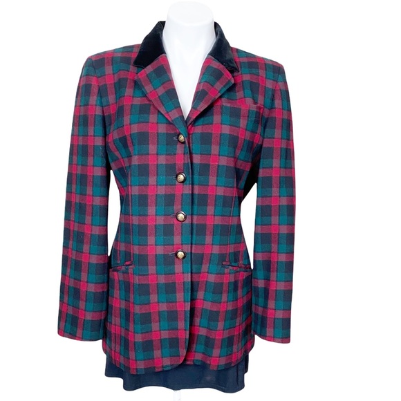 Vintage Red Green Wool Plaid Pendleton Blazer With Velvet Collar - Picture 3 of 13